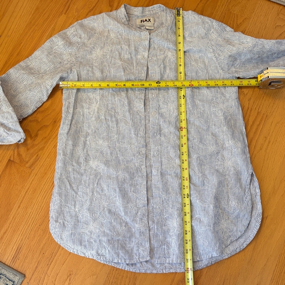Flax Pinstripe Button Down Shirt Floral Embroidered Linen Roll Tab Sleeves S - Picture 5 of 7